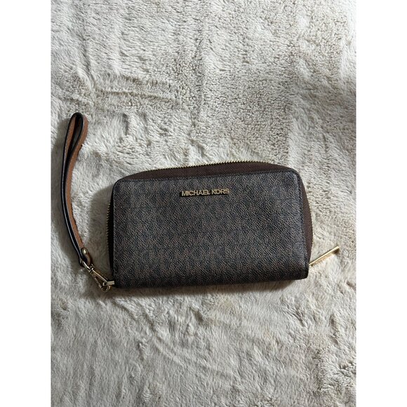 Michael Kors Jet Set Logo Brown & Gold Zip-Around Wristlet Wallet For Women - Picture 1 of 11